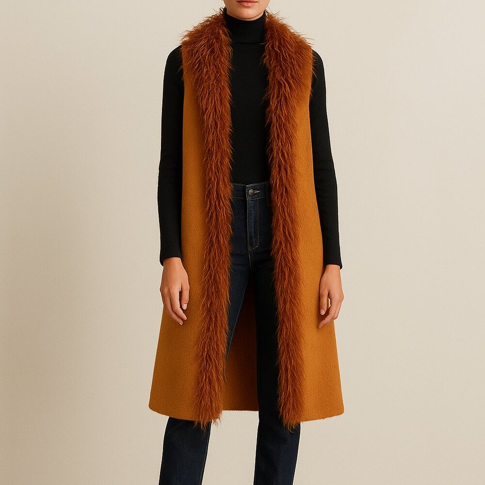 Tensione In Rust Faux Fur Trim Wool Blend Vest